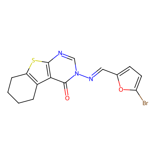 3-[(E)-(5-bromofuran-2-yl)methylideneamino]-5,6,7,8-tetrahydro-[1]benzothiolo[2,3-d]pyrimidin-4-one structure