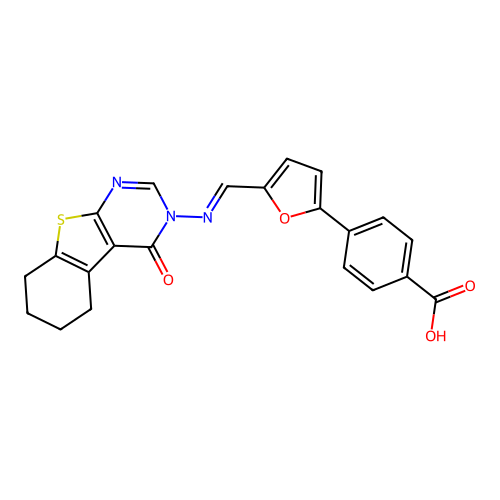 4-[5-[(E)-(4-oxo-5,6,7,8-tetrahydro-[1]benzothiolo[2,3-d]pyrimidin-3-yl)iminomethyl]furan-2-yl]benzoic acid structure