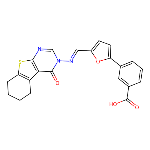 3-[5-[(E)-(4-oxo-5,6,7,8-tetrahydro-[1]benzothiolo[2,3-d]pyrimidin-3-yl)iminomethyl]furan-2-yl]benzoic acid structure