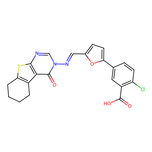 2-chloro-5-(5-{(E)-[(4-oxo-5,6,7,8-tetrahydro[1]benzothieno[2,3-d]pyrimidin-3(4H)-yl)imino]methyl}furan-2-yl)benzoic acid structure