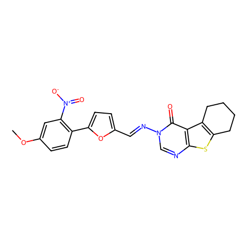 3-[(E)-[5-(4-methoxy-2-nitrophenyl)furan-2-yl]methylideneamino]-5,6,7,8-tetrahydro-[1]benzothiolo[2,3-d]pyrimidin-4-one structure