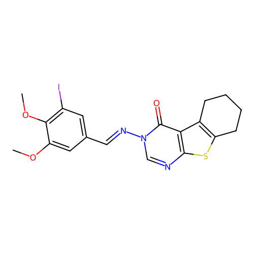 3-[(E)-(3-iodo-4,5-dimethoxyphenyl)methylideneamino]-5,6,7,8-tetrahydro-[1]benzothiolo[2,3-d]pyrimidin-4-one structure