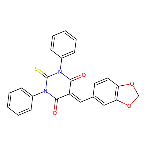 5-(1,3-benzodioxol-5-ylmethylidene)-1,3-diphenyl-2-sulfanylidene-1,3-diazinane-4,6-dione structure