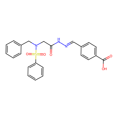 4-[(E)-(2-{[benzyl(phenylsulfonyl)amino]acetyl}hydrazinylidene)methyl]benzoic acid (non-preferred name) structure