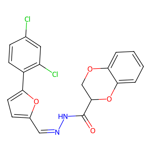 (Z)-N'-((5-(2,4-dichlorophenyl)furan-2-yl)methylene)-2,3-dihydrobenzo[b][1,4]dioxine-2-carbohydrazide structure
