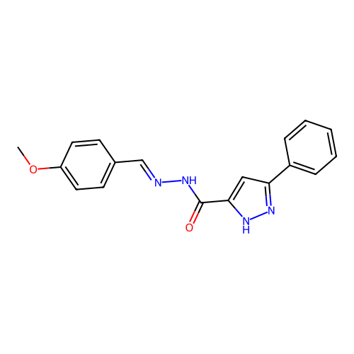 N-[(E)-(4-methoxyphenyl)methylideneamino]-3-phenyl-1H-pyrazole-5-carboxamide structure