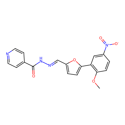 (E)-N'-((5-(2-methoxy-5-nitrophenyl)furan-2-yl)methylene)isonicotinohydrazide structure