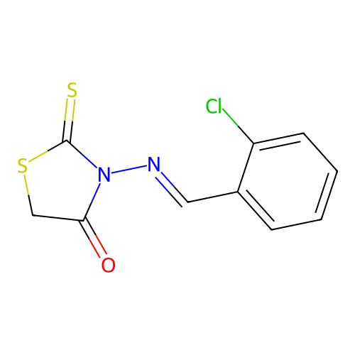 3-[(1E)-2-(2-chlorophenyl)-1-azavinyl]-2-thioxo-1,3-thiazolidin-4-one structure