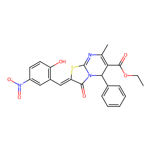 ethyl (2E)-2-[(2-hydroxy-5-nitrophenyl)methylidene]-7-methyl-3-oxo-5-phenyl-2H,3H,5H-[1,3]thiazolo[3,2-a]pyrimidine-6-carboxylate structure