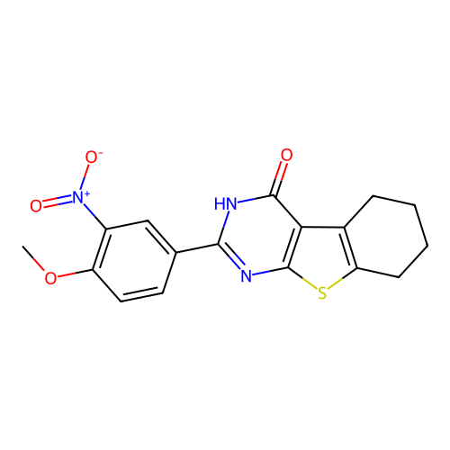 2-(4-methoxy-3-nitrophenyl)-3,5,6,7,8-pentahydrobenzo[b]thiopheno[2,3-d]pyrimi din-4-one structure