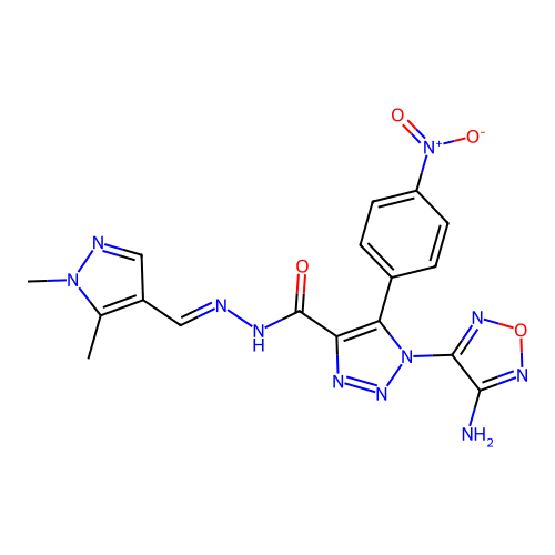 1-(4-amino-1,2,5-oxadiazol-3-yl)-N'-[(E)-(1,5-dimethyl-1H-pyrazol-4-yl)methylidene]-5-(4-nitrophenyl)-1H-1,2,3-triazole-4-carbohydrazide structure