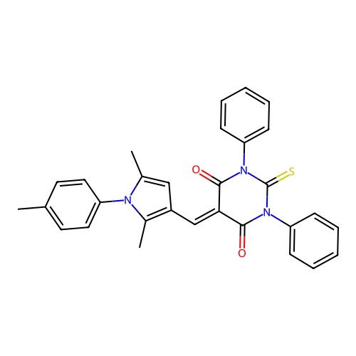 5-((2,5-dimethyl-1-(p-tolyl)-1H-pyrrol-3-yl)methylene)-1,3-diphenyl-2-thioxodihydropyrimidine-4,6(1H,5H)-dione structure