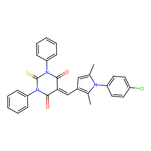 5-((1-(4-chlorophenyl)-2,5-dimethyl-1H-pyrrol-3-yl)methylene)-1,3-diphenyl-2-thioxodihydropyrimidine-4,6(1H,5H)-dione structure