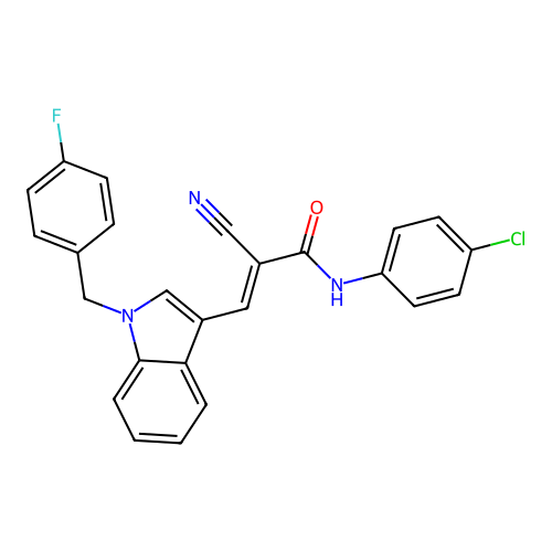 (2E)-N-(4-chlorophenyl)-2-cyano-3-[1-(4-fluorobenzyl)-1H-indol-3-yl]prop-2-enamide structure
