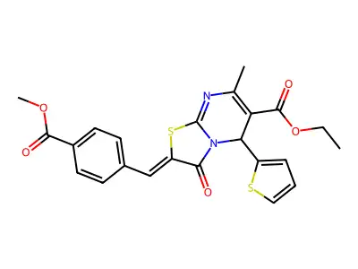 (E)-ethyl 2-(4-(methoxycarbonyl)benzylidene)-7-methyl-3-oxo-5-(thiophen-2-yl)-3,5-dihydro-2H-thiazolo[3,2-a]pyrimidine-6-carboxylate structure