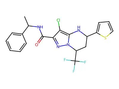 3-chloro-N-(1-phenylethyl)-5-(2-thienyl)-7-(trifluoromethyl)-4,5,6,7-tetrahydropyrazolo[1,5-a]pyrimidine-2-carboxamide structure