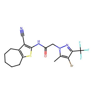 2-[4-bromo-5-methyl-3-(trifluoromethyl)pyrazol-1-yl]-N-(3-cyano-5,6,7,8-tetrahydro-4H-cyclohepta[b]thiophen-2-yl)acetamide structure
