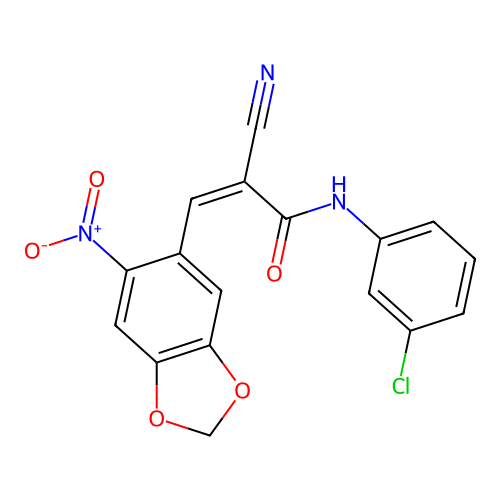 N-(3-chlorophenyl)-2-cyano-3-(6-nitro-1,3-benzodioxol-5-yl)prop-2-enamide structure