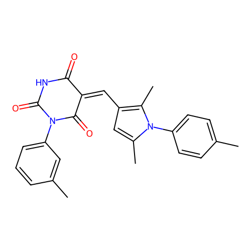 (5Z)-5-[[2,5-dimethyl-1-(4-methylphenyl)pyrrol-3-yl]methylidene]-1-(3-methylphenyl)-1,3-diazinane-2,4,6-trione structure
