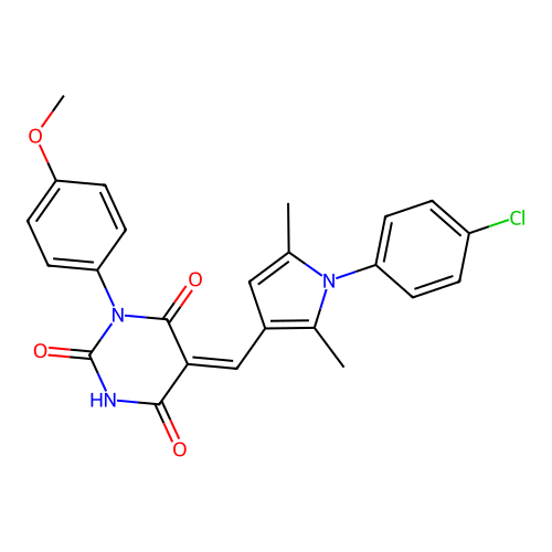 (5Z)-5-[[1-(4-chlorophenyl)-2,5-dimethylpyrrol-3-yl]methylidene]-1-(4-methoxyphenyl)-1,3-diazinane-2,4,6-trione structure