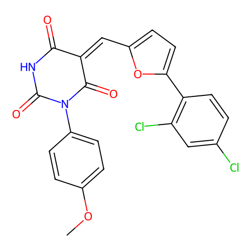 (5Z)-5-[[5-(2,4-dichlorophenyl)furan-2-yl]methylidene]-1-(4-methoxyphenyl)-1,3-diazinane-2,4,6-trione structure