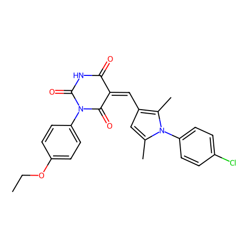 (5Z)-5-[[1-(4-chlorophenyl)-2,5-dimethylpyrrol-3-yl]methylidene]-1-(4-ethoxyphenyl)-1,3-diazinane-2,4,6-trione structure