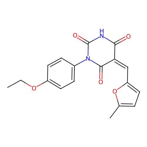(Z)-1-(4-ethoxyphenyl)-5-((5-methylfuran-2-yl)methylene)pyrimidine-2,4,6(1H,3H,5H)-trione structure