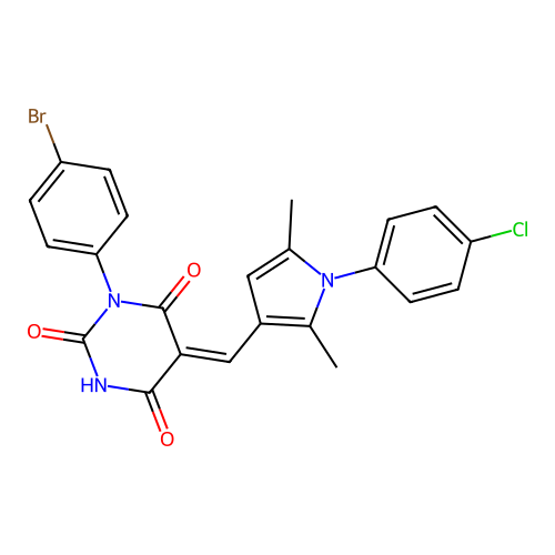 (5Z)-1-(4-bromophenyl)-5-[[1-(4-chlorophenyl)-2,5-dimethylpyrrol-3-yl]methylidene]-1,3-diazinane-2,4,6-trione structure
