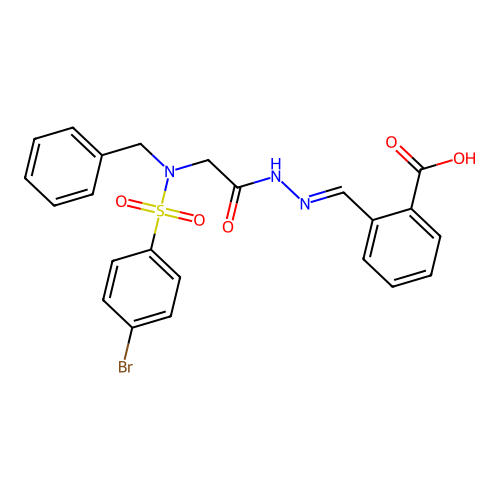2-({2-[Benzyl-(4-bromo-benzenesulfonyl)-amino]-acetyl}-hydrazonomethyl)-benzoic acid structure