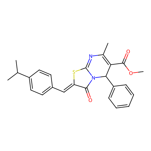 methyl (2E)-7-methyl-3-oxo-5-phenyl-2-{[4-(propan-2-yl)phenyl]methylidene}-2H,3H,5H-[1,3]thiazolo[3,2-a]pyrimidine-6-carboxylate structure