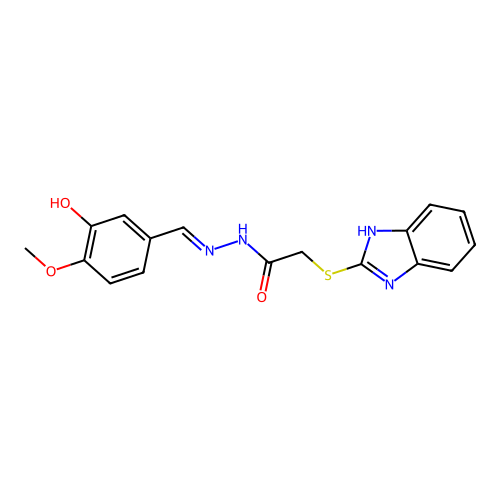 (E)-2-((1H-benzo[d]imidazol-2-yl)thio)-N'-(3-hydroxy-4-methoxybenzylidene)acetohydrazide structure