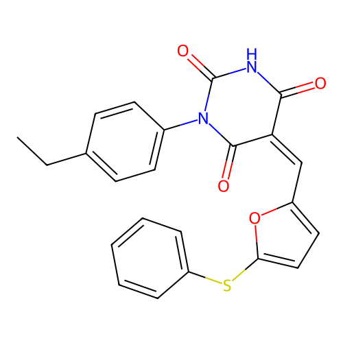 1-(4-ethylphenyl)-5-[(5-phenylsulfanyl-2-furyl)methylidene]-1,3-diazinane-2,4,6-trione structure