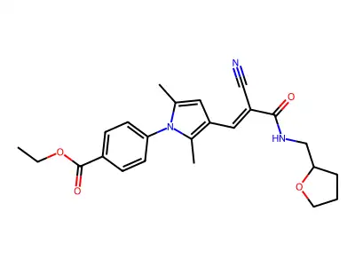 ethyl 4-(3-{(1E)-2-cyano-3-oxo-3-[(tetrahydrofuran-2-ylmethyl)amino]prop-1-en-1-yl}-2,5-dimethyl-1H-pyrrol-1-yl)benzoate structure