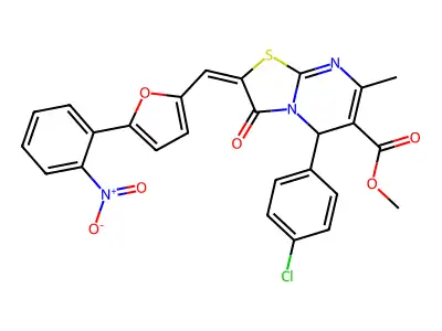 Methyl (E)-5-(4-chlorophenyl)-7-methyl-2-((5-(2-nitrophenyl)furan-2-yl)methylene)-3-oxo-2,3-dihydro-5H-thiazolo[3,2-a]pyrimidine-6-carboxylate structure