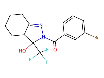 (3-bromophenyl)-[3-hydroxy-3-(trifluoromethyl)-4,5,6,7-tetrahydro-3aH-indazol-2-yl]methanone structure