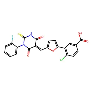 4-chloro-3-(5-{(E)-[1-(2-fluorophenyl)-4,6-dioxo-2-thioxotetrahydropyrimidin-5(2H)-ylidene]methyl}furan-2-yl)benzoic acid structure
