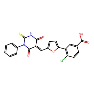 4-chloro-3-(5-((4,6-dioxo-1-phenyl-2-thioxotetrahydropyrimidin-5(2H)-ylidene)methyl)furan-2-yl)benzoic acid structure