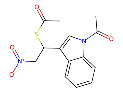 S-[1-(1-acetyl-1H-indol-3-yl)-2-nitroethyl] ethanethioate structure