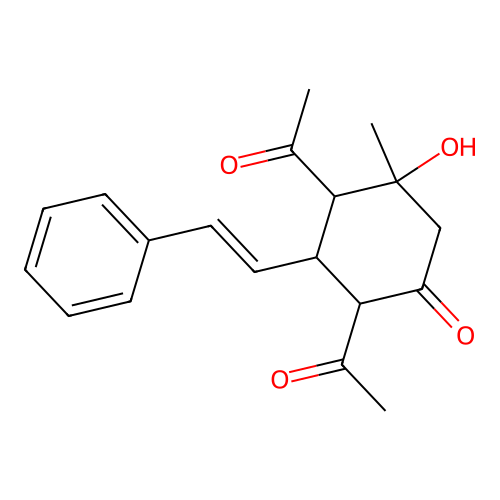 2,4-diacetyl-5-hydroxy-5-methyl-3-[(E)-2-phenylethenyl]cyclohexanone structure