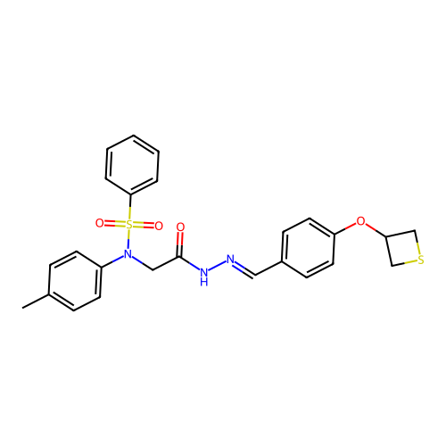 2-[N-(benzenesulfonyl)-4-methylanilino]-N-[(E)-[4-(thietan-3-yloxy)phenyl]methylideneamino]acetamide structure