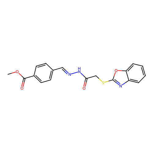 methyl 4-[(1E)-2-(2-benzoxazol-2-ylthioacetylamino)-2-azavinyl]benzoate structure