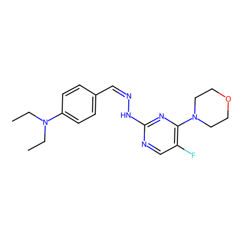 (Z)-N,N-diethyl-4-((2-(5-fluoro-4-morpholinopyrimidin-2-yl)hydrazono)methyl)aniline structure