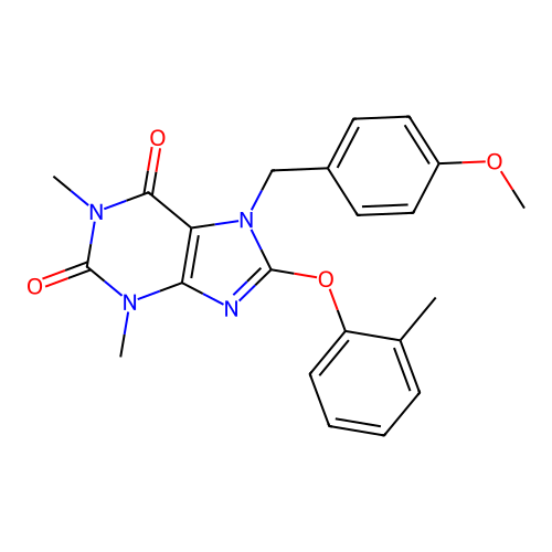 7-(4-methoxybenzyl)-1,3-dimethyl-8-(2-methylphenoxy)-3,7-dihydro-1H-purine-2,6-dione structure