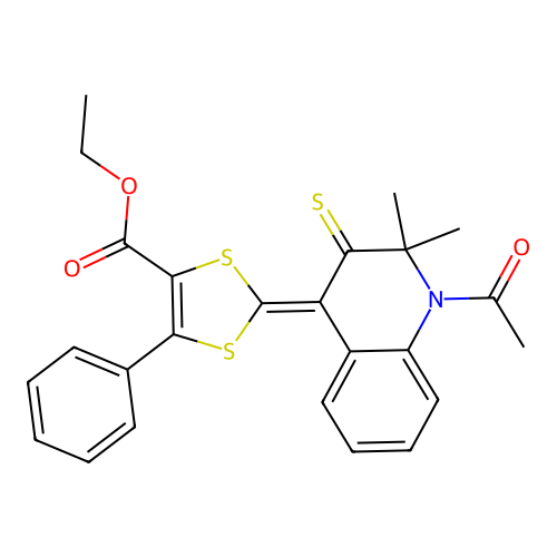 (Z)-ethyl 2-(1-acetyl-2,2-dimethyl-3-thioxo-2,3-dihydroquinolin-4(1H)-ylidene)-5-phenyl-1,3-dithiole-4-carboxylate structure