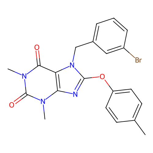 7-[(3-bromophenyl)methyl]-1,3-dimethyl-8-(4-methylphenoxy)purine-2,6-dione structure