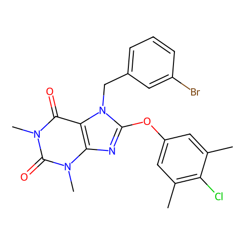 7-[(3-bromophenyl)methyl]-8-(4-chloro-3,5-dimethylphenoxy)-1,3-dimethylpurine-2,6-dione structure