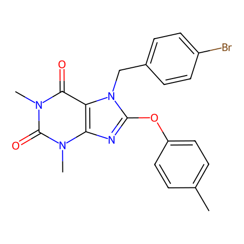 7-[(4-bromophenyl)methyl]-1,3-dimethyl-8-(4-methylphenoxy)purine-2,6-dione structure