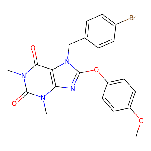 7-(4-bromobenzyl)-8-(4-methoxyphenoxy)-1,3-dimethyl-1H-purine-2,6(3H,7H)-dione structure