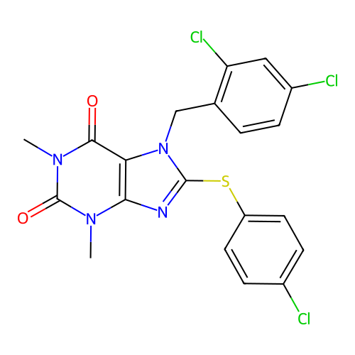 8-((4-chlorophenyl)thio)-7-(2,4-dichlorobenzyl)-1,3-dimethyl-1H-purine-2,6(3H,7H)-dione structure