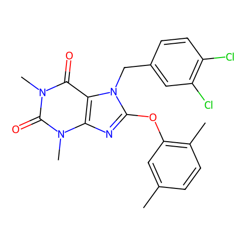 7-(3,4-dichlorobenzyl)-8-(2,5-dimethylphenoxy)-1,3-dimethyl-3,7-dihydro-1H-purine-2,6-dione structure